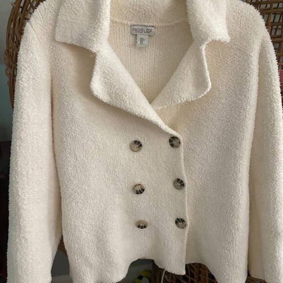 RACHEL ZOE Double Breasted Lapel Neck Ivory Teddy Sherpa Jacket Coat - Size Smal - Picture 1 of 3